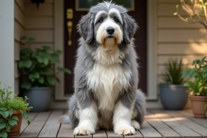 Grand chien à poil long de race Old English Sheepdog assis sur un porche en bois, pelage gris et blanc bien entretenu, regard doux et attentif
