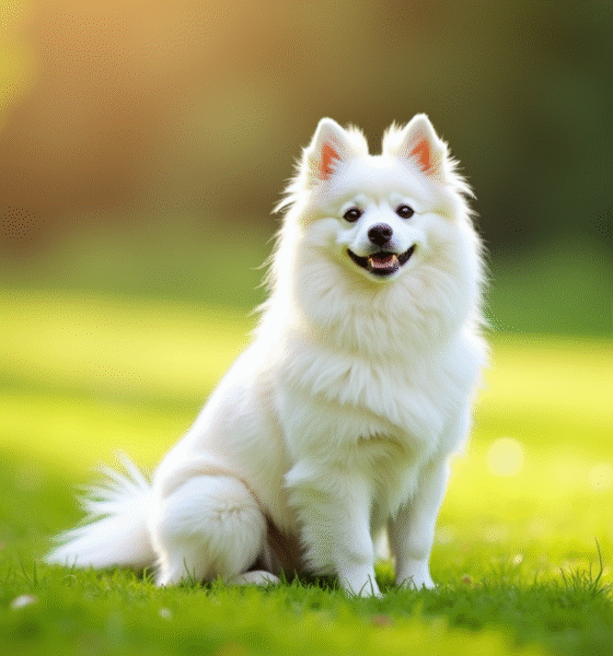 Chien Spitz blanc assis sur l'herbe verte en plein soleil