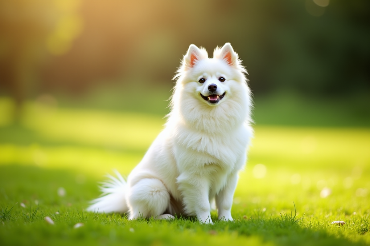 Chien Spitz blanc assis sur l'herbe verte en plein soleil