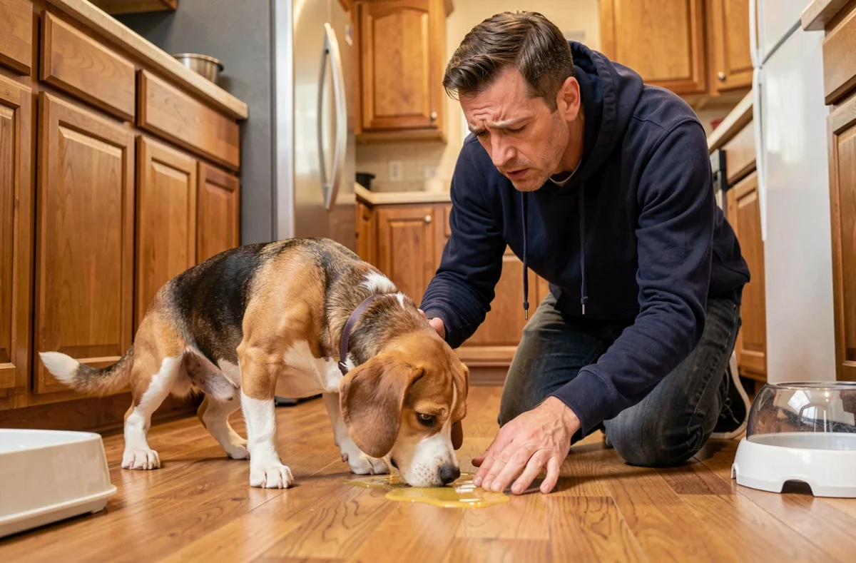 Propriétaire inquiet auprès de son beagle malade vomissant de la bile jaune sur le sol de la cuisine