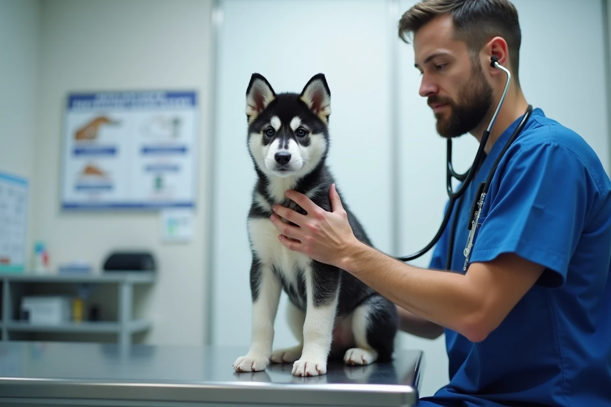 Chiot Akita Inu bringé bleu lors d'un examen vétérinaire, soulignant l'importance d'un bilan de santé avant l'adoption