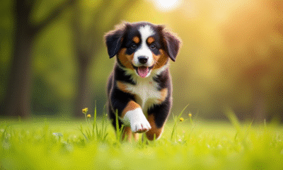 Jeune chiot berger bernois courant dans un parc ensoleille