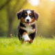 Jeune chiot berger bernois courant dans un parc ensoleille