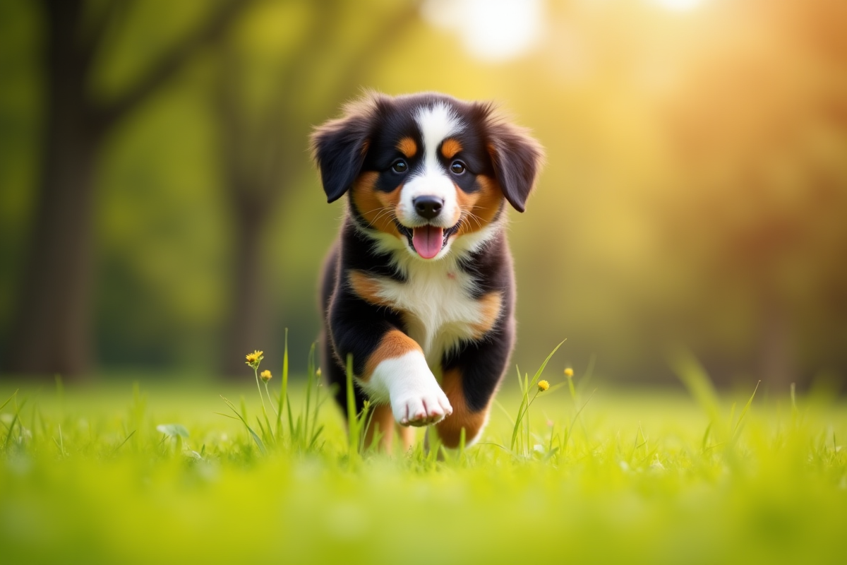 Jeune chiot berger bernois courant dans un parc ensoleille