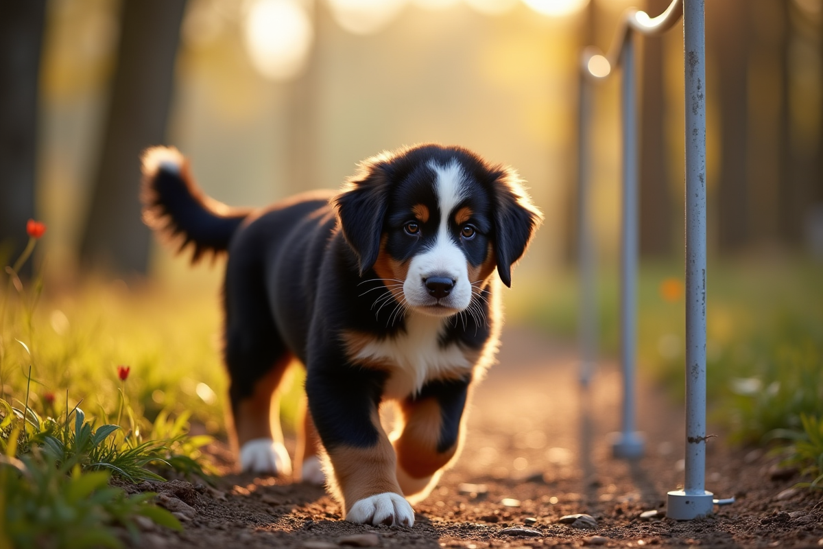 Chiot berger bernois marchant sur un sentier forestier avec obstacles
