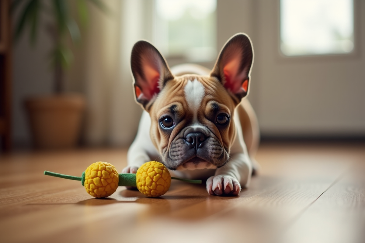 Chiot bulldog francais jouant avec un jouet coloré en interieur
