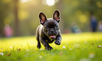 Chiot bulldog francais courant dans un parc ensoleille