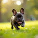 Chiot bulldog francais courant dans un parc ensoleille