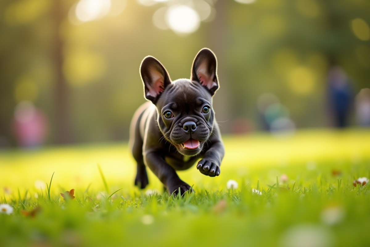 Chiot bulldog francais courant dans un parc ensoleille