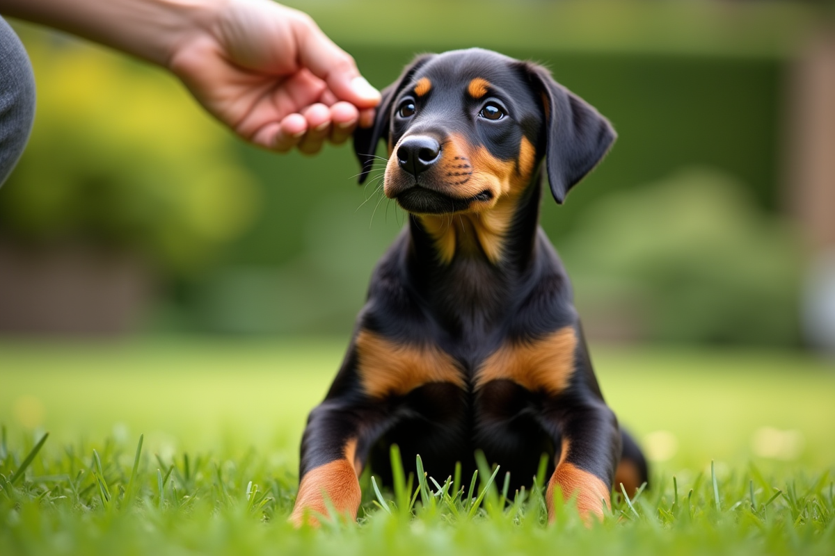 Chiot doberman apprenant à s