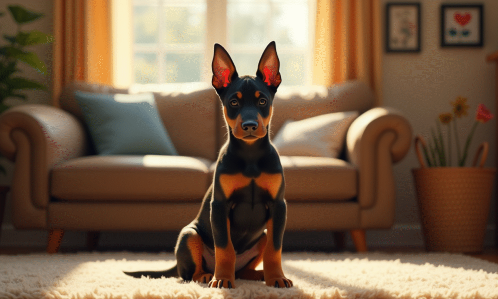 Chiot doberman assis attentivement dans un salon lumineux