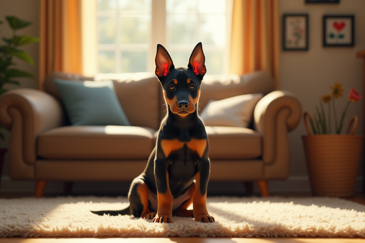Chiot doberman assis attentivement dans un salon lumineux