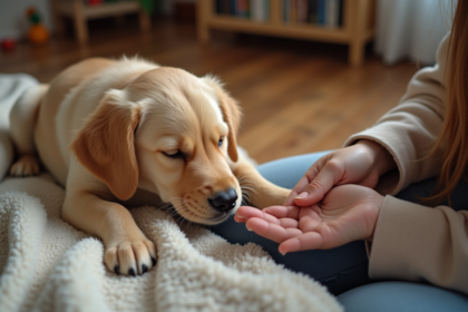 Chiot golden retriever de deux mois mordillant doucement une main