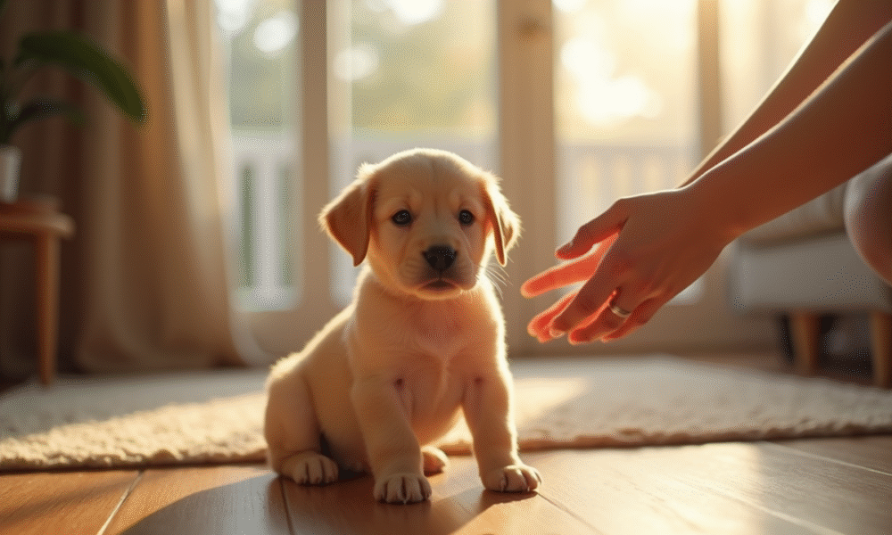 Miniature chiot labrador accueilli dans un salon lumineux