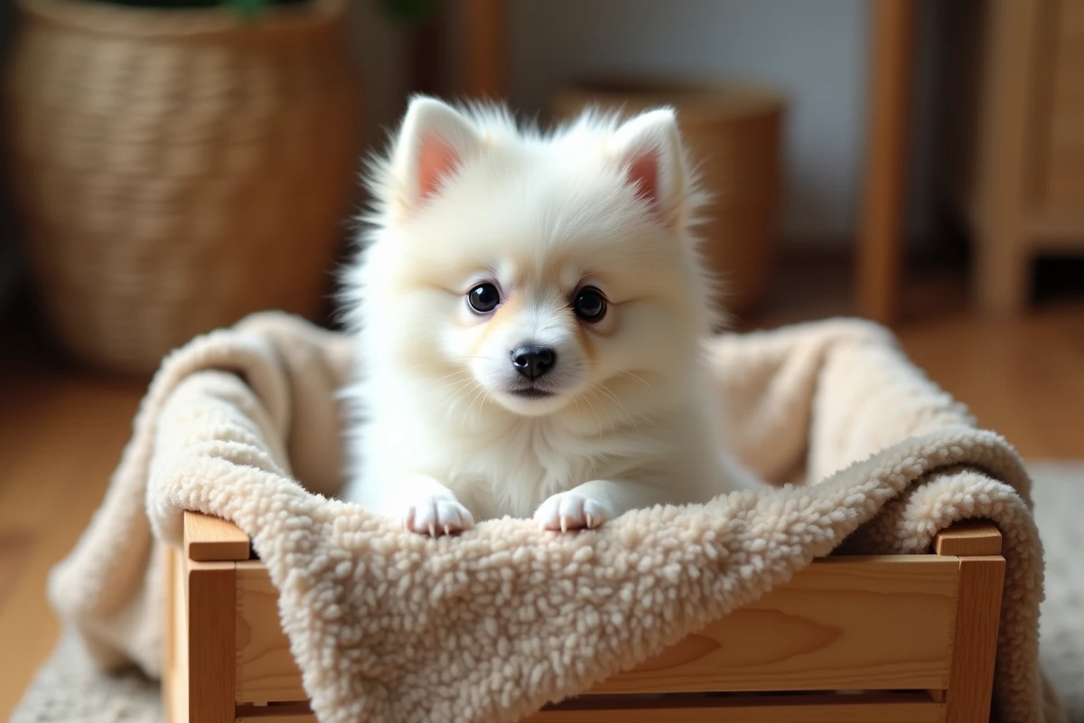Chiot Spitz blanc aux yeux curieux dans une caisse d'adoption doublée d'une couverture beige dans un intérieur chaleureux