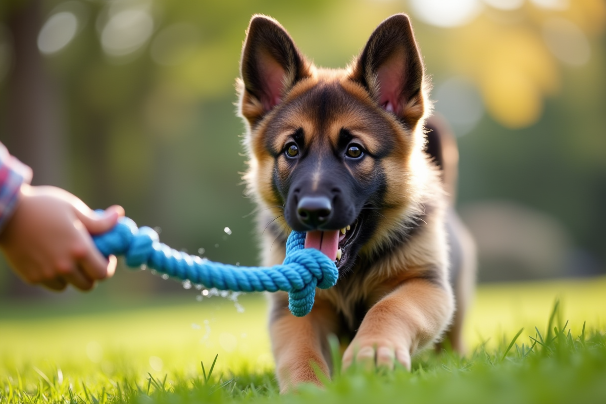 Chiot berger allemand jouant avec une corde dans le jardin