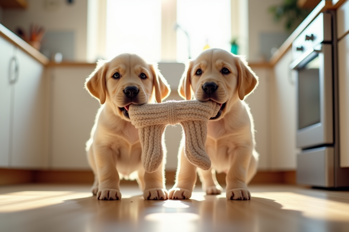 Deux chiots labrador jouant avec une chaussette dans la cuisine lumineuse