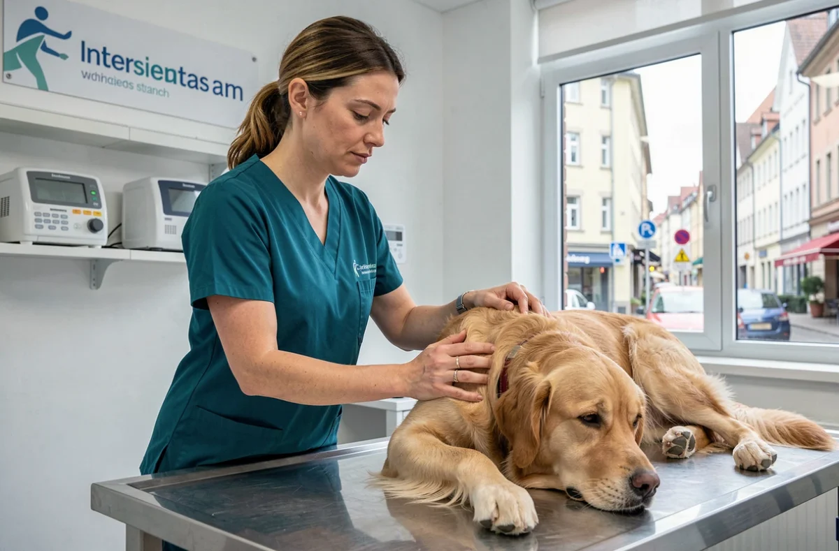 Clinique Anicura Zebrasoma à Strasbourg : vétérinaire examinant un golden retriever sur une table de consultation