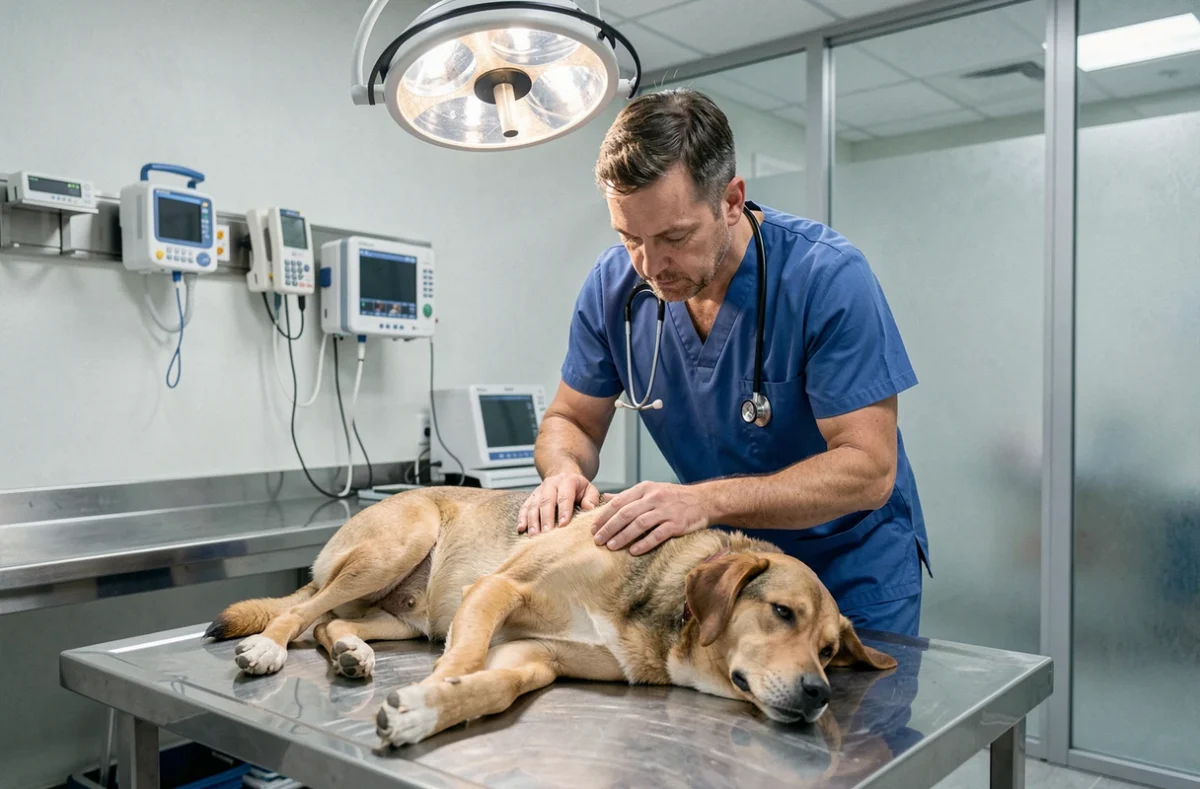 Clinique Vétérinaire Anicura en Meuse : vétérinaire effectuant un contrôle post-opératoire sur un chien en clinique chirurgicale