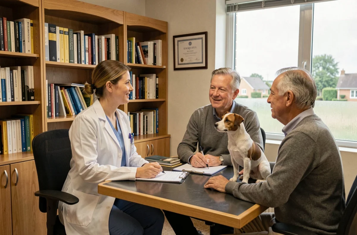 Clinique Vétérinaire Bonaparte à Tinqueux : vétérinaire consultant avec un couple et leur Jack Russell Terrier