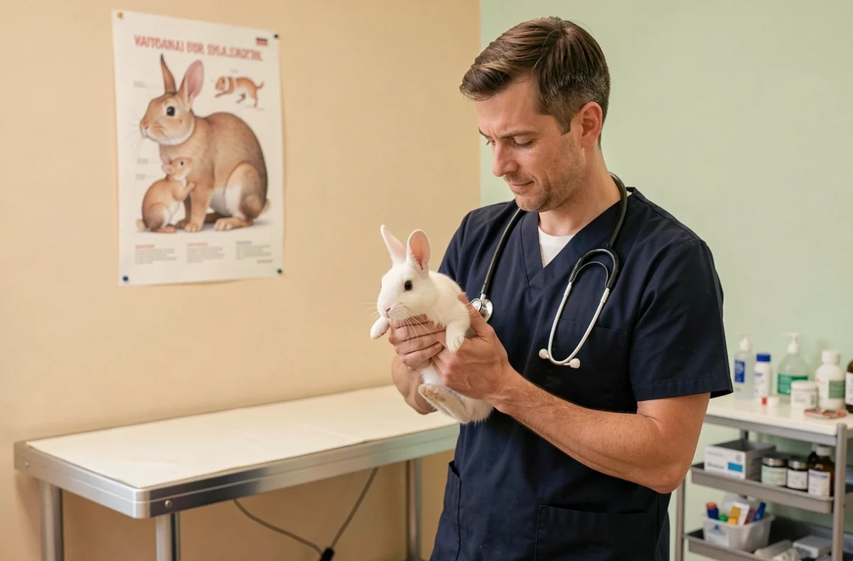Clinique Vétérinaire Etoile à Strasbourg : vétérinaire examinant un lapin blanc dans une salle de consultation