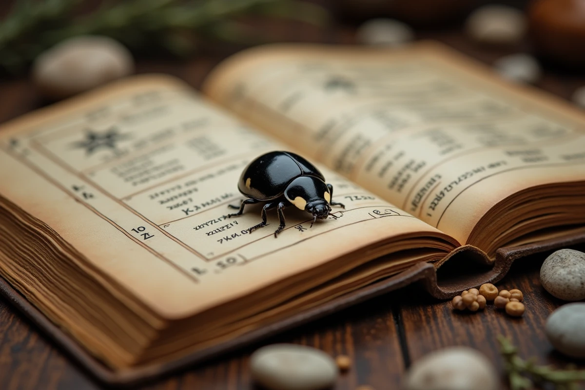 Coccinelle noire marchant sur un vieux livre de numérologie avec symboles manuscrits sur une table en bois