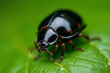 Coccinelle noire avec taches sombres posée sur une feuille verte en macro photographie réaliste