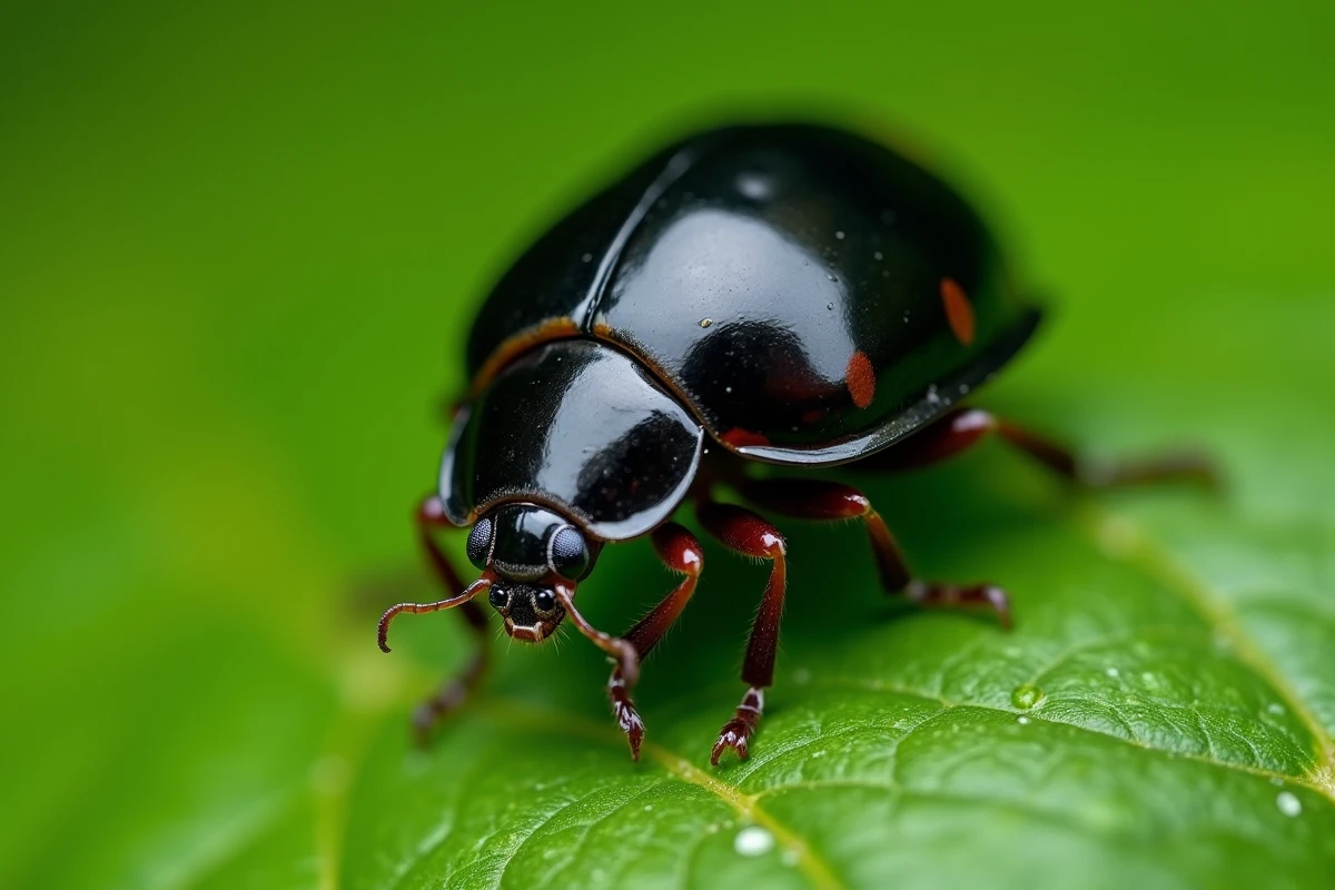Coccinelle noire avec taches sombres posée sur une feuille verte en macro photographie réaliste