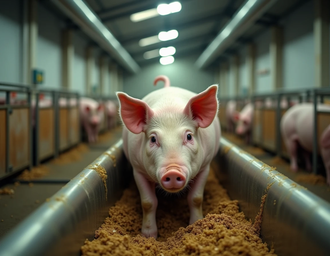 Cochon en élevage intérieur moderne mangeant une mixture de céréales et coproduits dans un auge en acier inoxydable