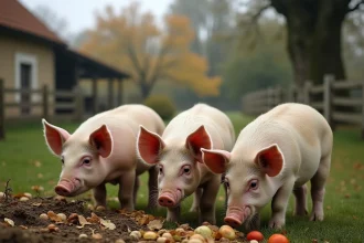 Cochons en plein air se nourrissant de végétaux et céréales dans un pâturage de ferme rurale française