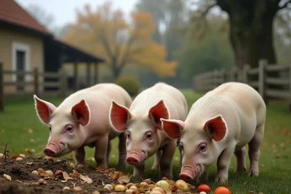 Cochons en plein air se nourrissant de végétaux et céréales dans un pâturage de ferme rurale française