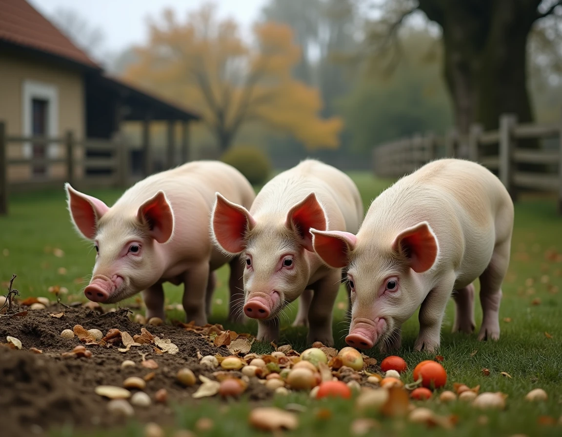Cochons en plein air se nourrissant de végétaux et céréales dans un pâturage de ferme rurale française