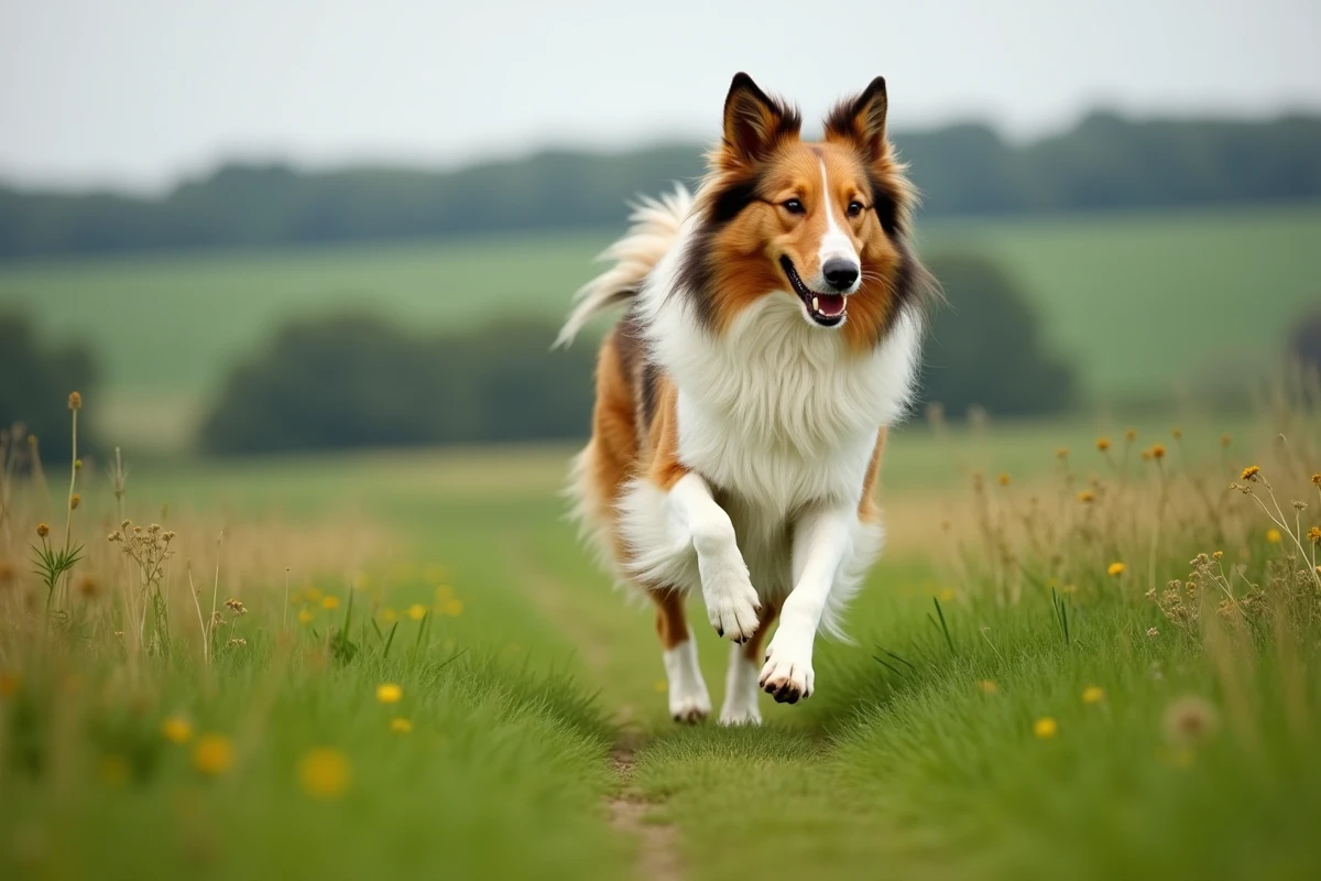 Colley à poil long courant dans une prairie verte, pelage sable et blanc en mouvement, photographie éditoriale de chien en pleine nature
