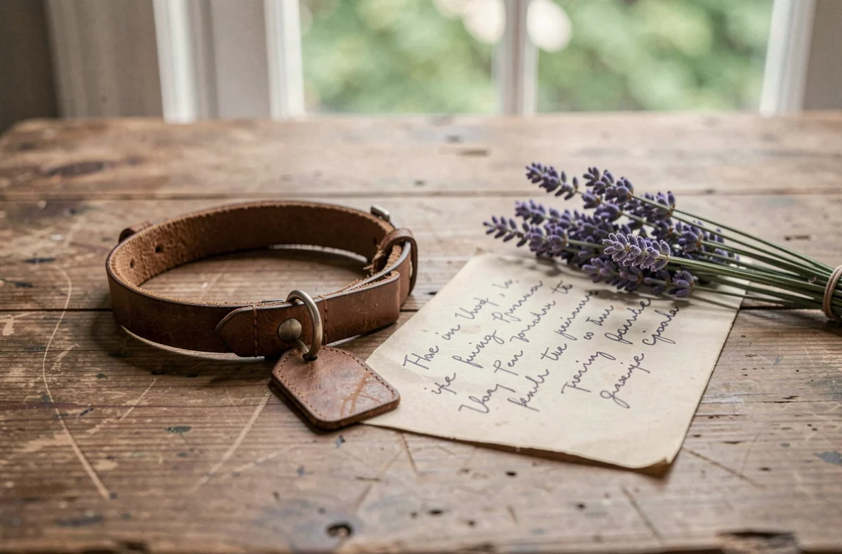 Collier de chien vide posé sur une table en bois rustique avec une carte de condoléances manuscrite et de la lavande séchée