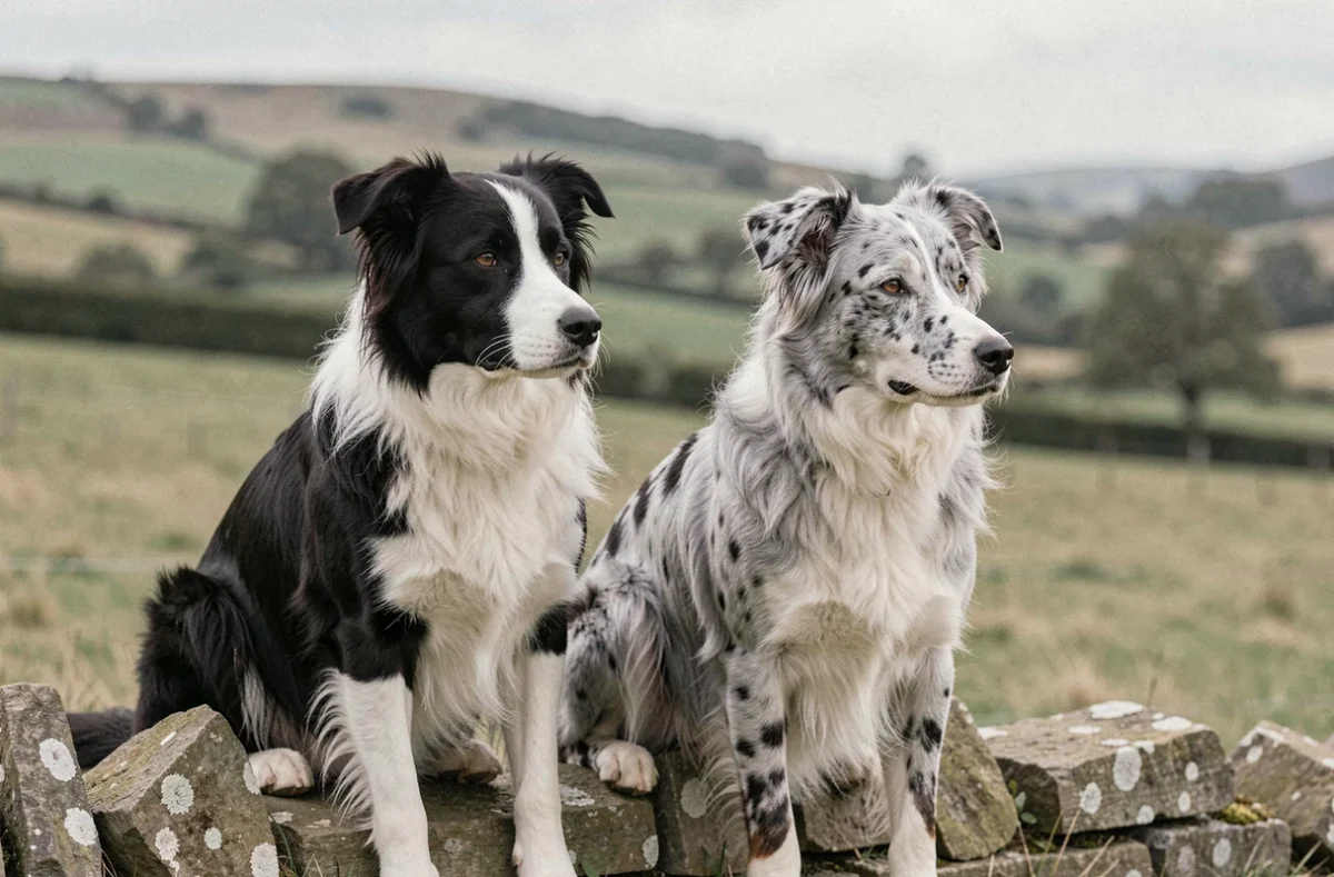 Comparaison côte à côte d'un Border Collie noir et blanc et d'un Border Collie bleu merle assis sur un muret en pierre, illustrant les différences de robes