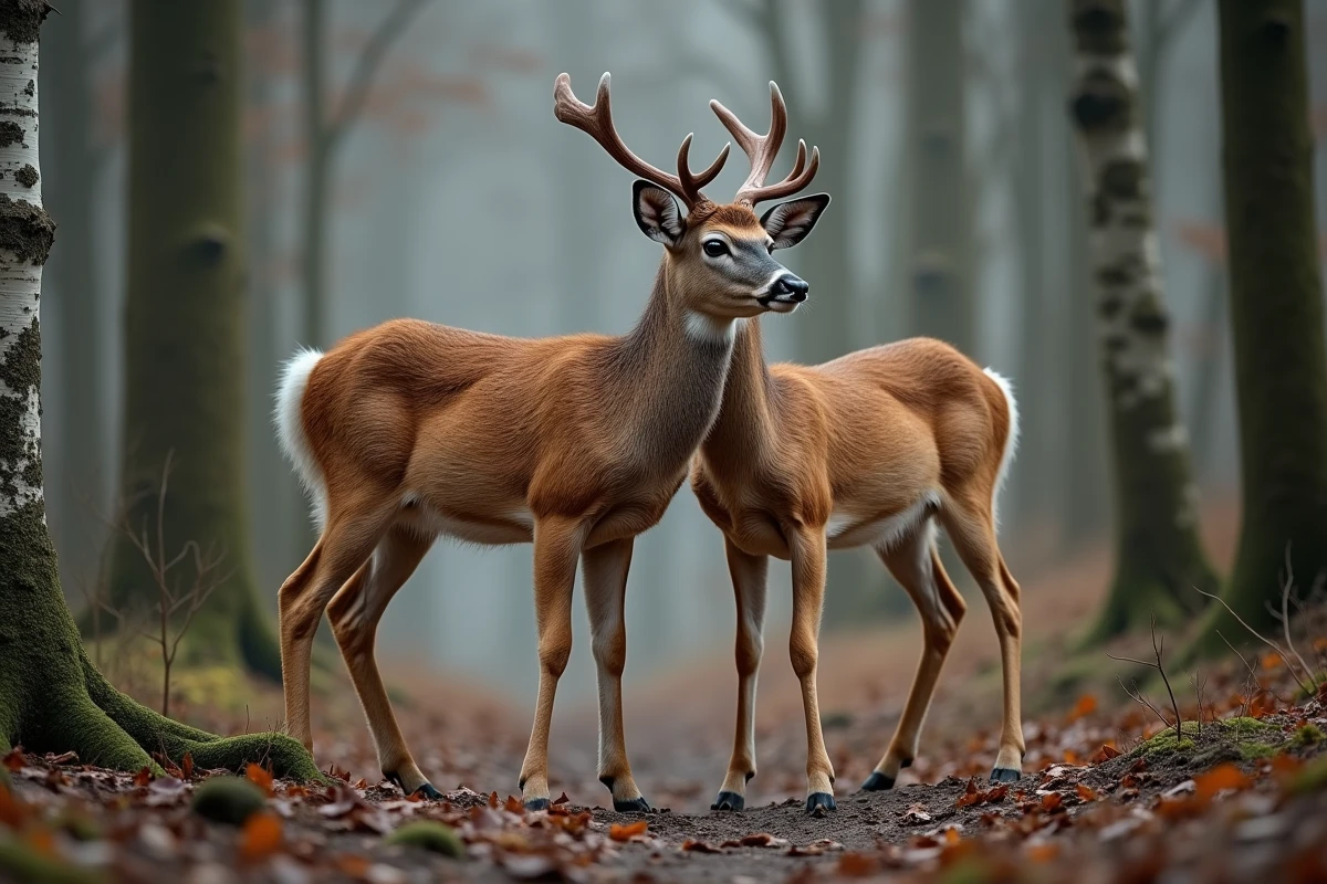 Comparaison cerf et chevreuil côte à côte en forêt pour identifier les deux espèces