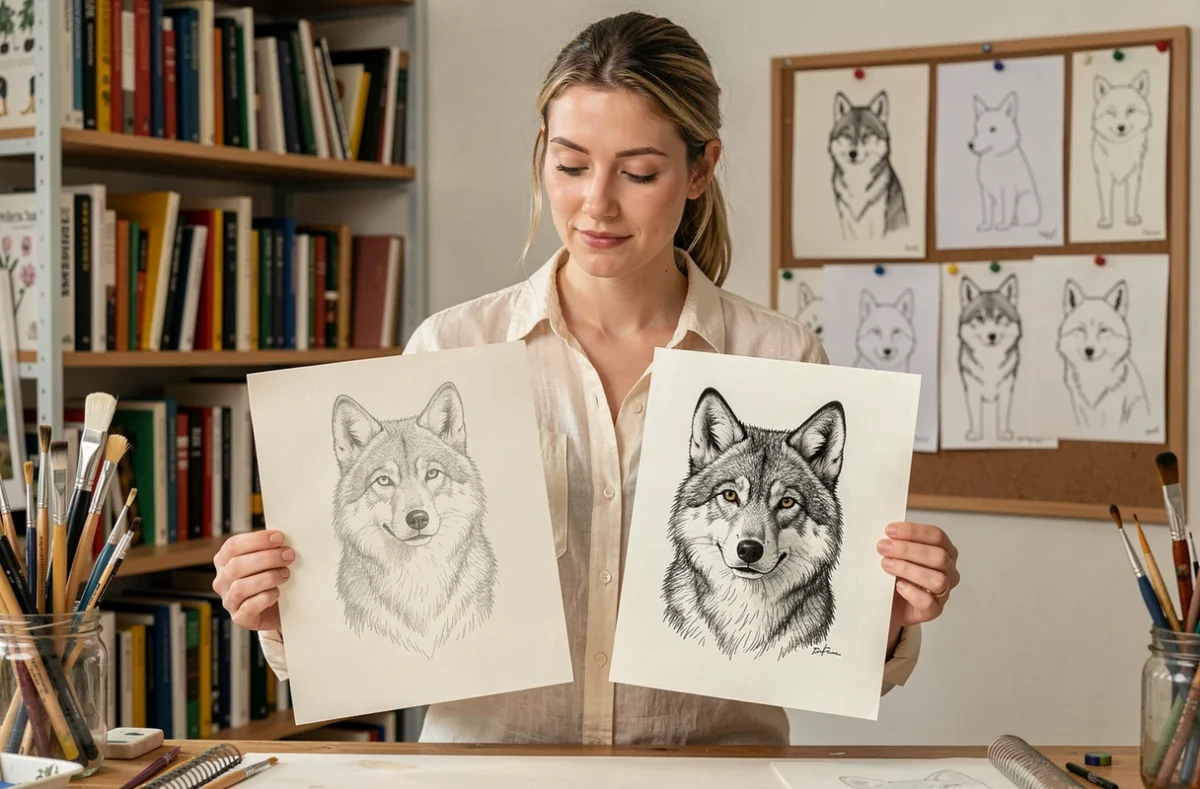 Femme tenant deux feuilles côte à côte comparant un dessin de loup au crayon et sa version encrée au feutre dans un atelier artistique