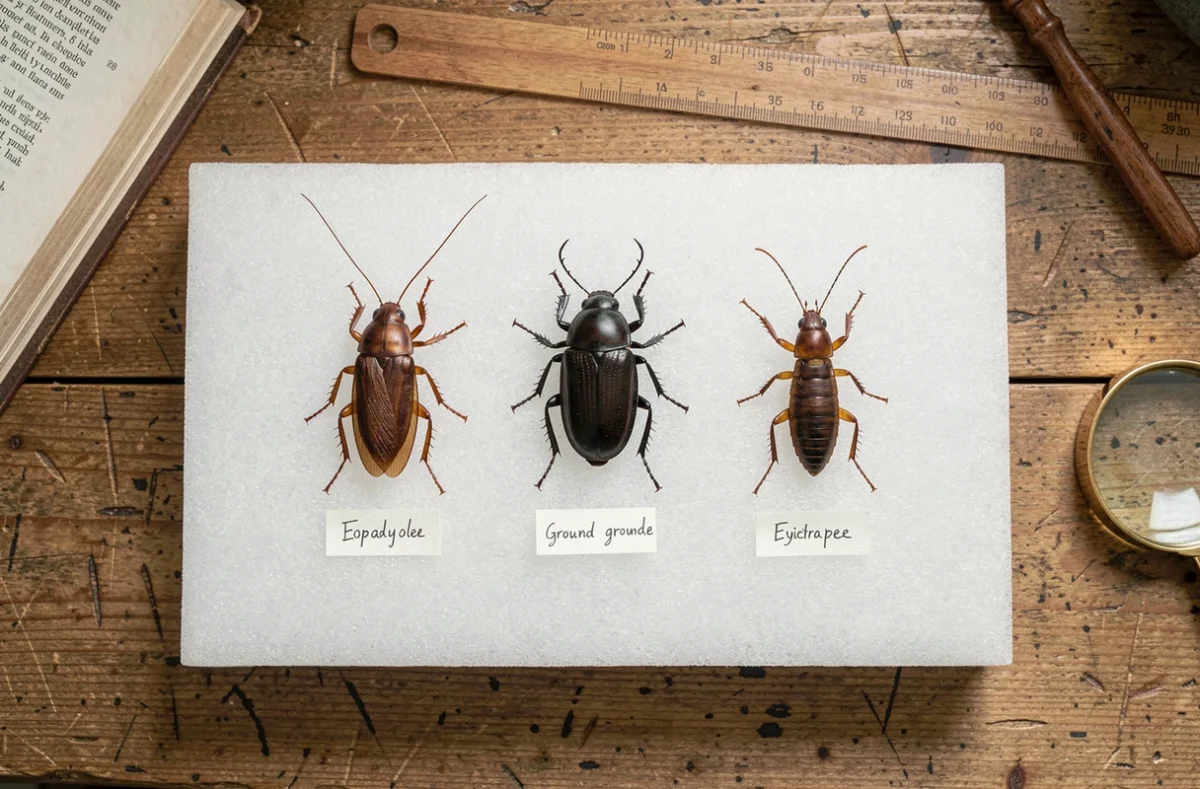 Comparaison entomologique entre un cafard, un carabe et un perce-oreille sur planche d'identification pour éviter les erreurs de diagnostic