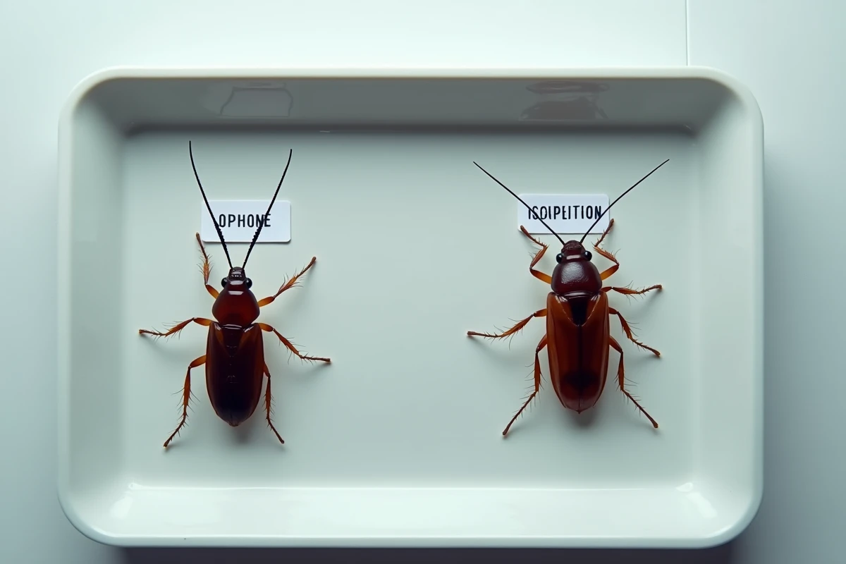 Comparaison côte à côte d'un ophone insecte et d'un cafard sur plateau de laboratoire pour différenciation morphologique