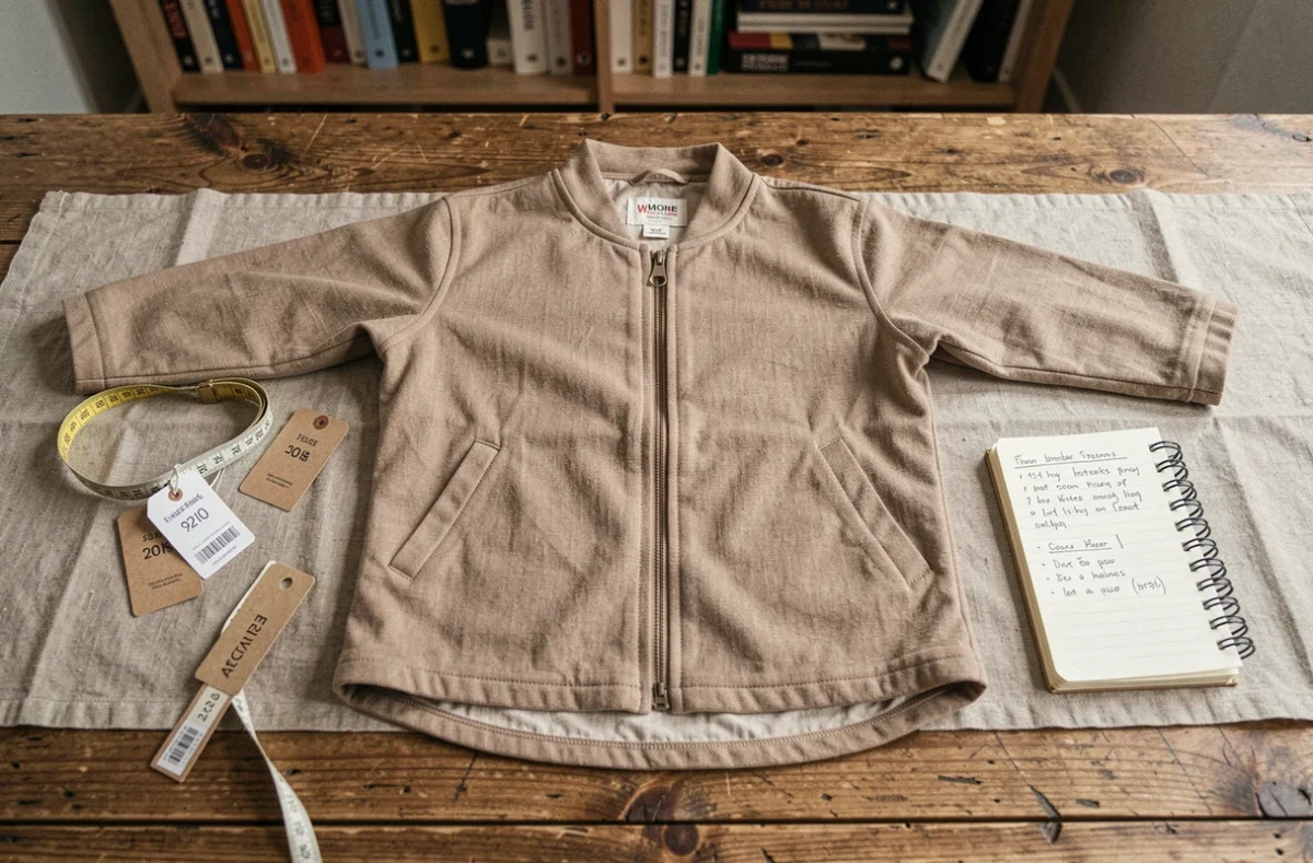 Manteau pour teckel posé à plat avec étiquette de prix et mètre ruban pour comparer les offres