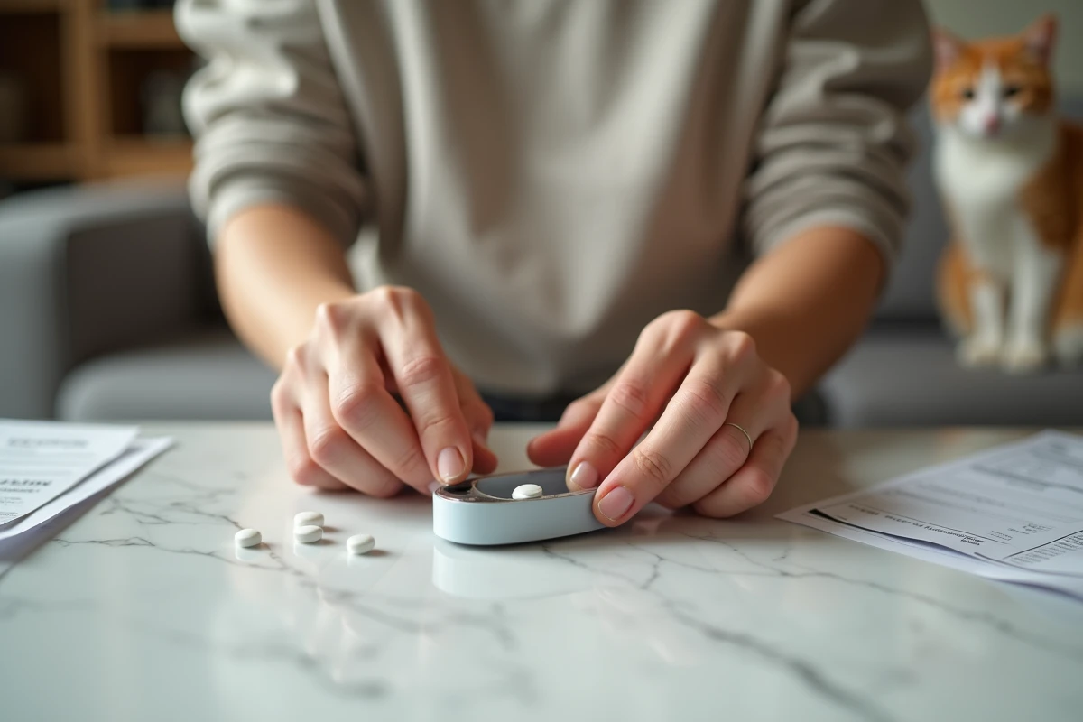 Main adulte coupant un comprimé antibiotique pour chat sur un comptoir en marbre blanc avec une ordonnance vétérinaire et un chat flou en arrière-plan