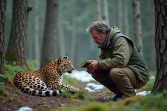 Conservateur de la faune observant un léopard de l'Amour, espèce la plus rare au monde, dans une forêt boréale enneigée de l'Extrême-Orient russe