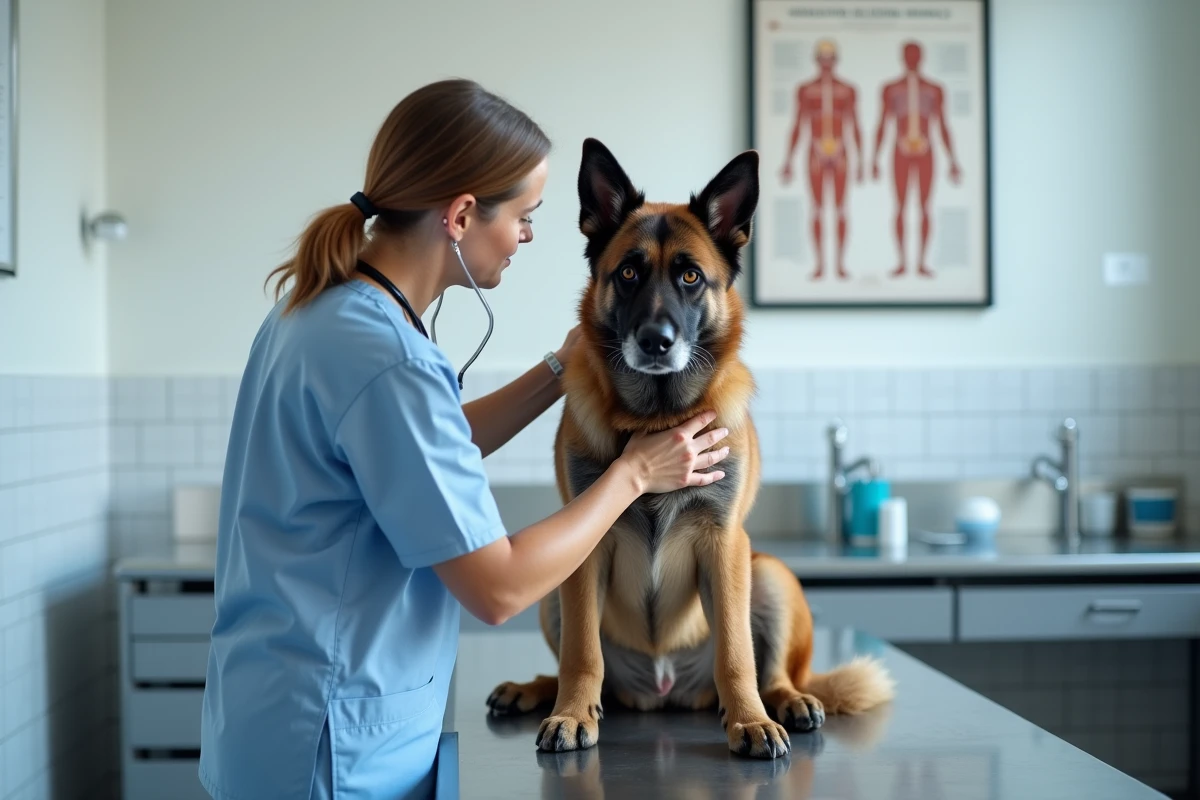 Vétérinaire examinant un croisé Malinois Berger allemand senior lors d'une consultation de suivi en clinique vétérinaire