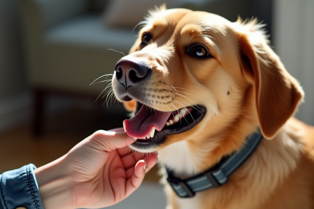 Main vérifiant un collier bien ajusté à un chien heureux