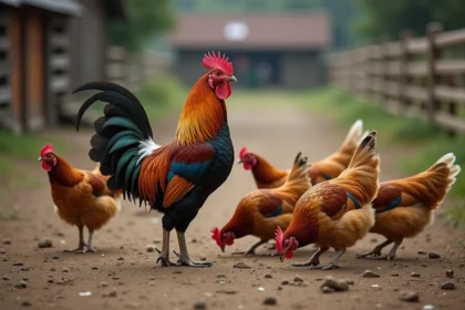 Coq et poules dans une ferme rustique en extérieur