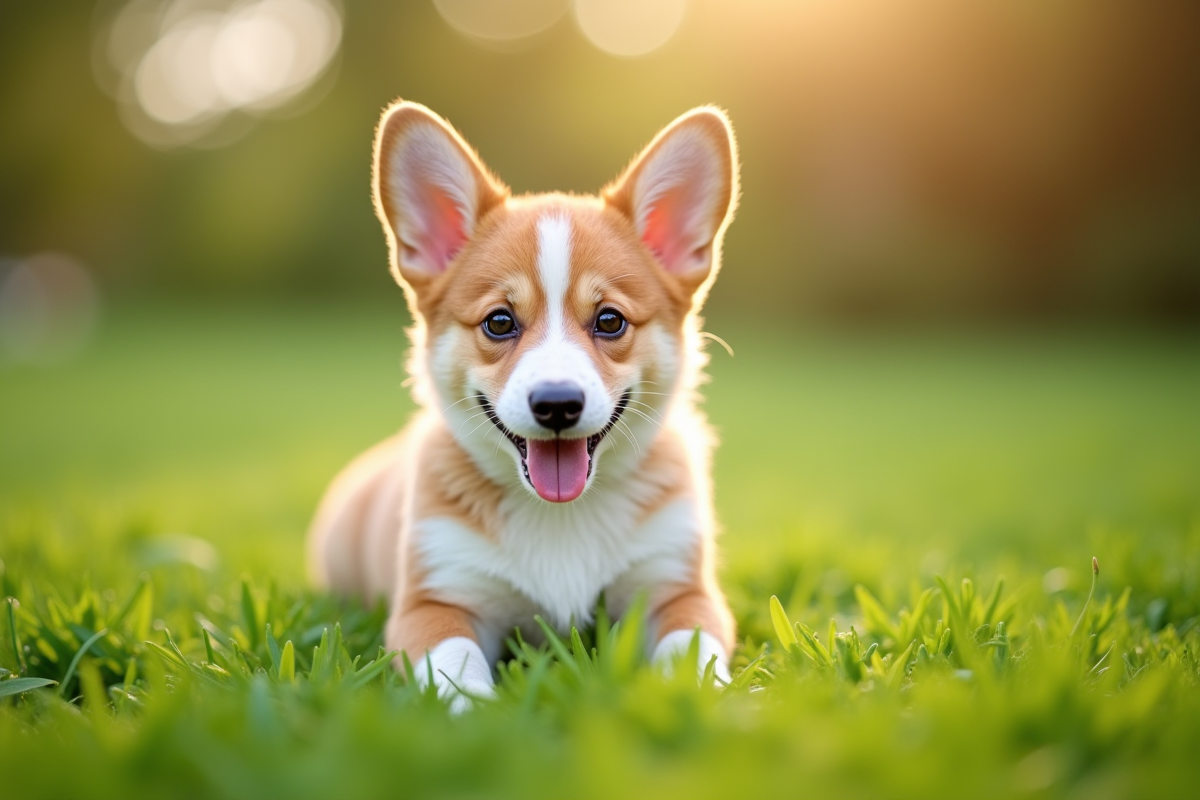 Chiot corgi joueur sur la pelouse en plein jour