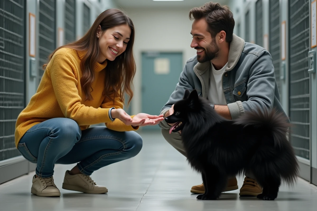 Couple adulte rencontrant un Spitz noir dans un refuge d'adoption animalière, scène naturelle et documentaire