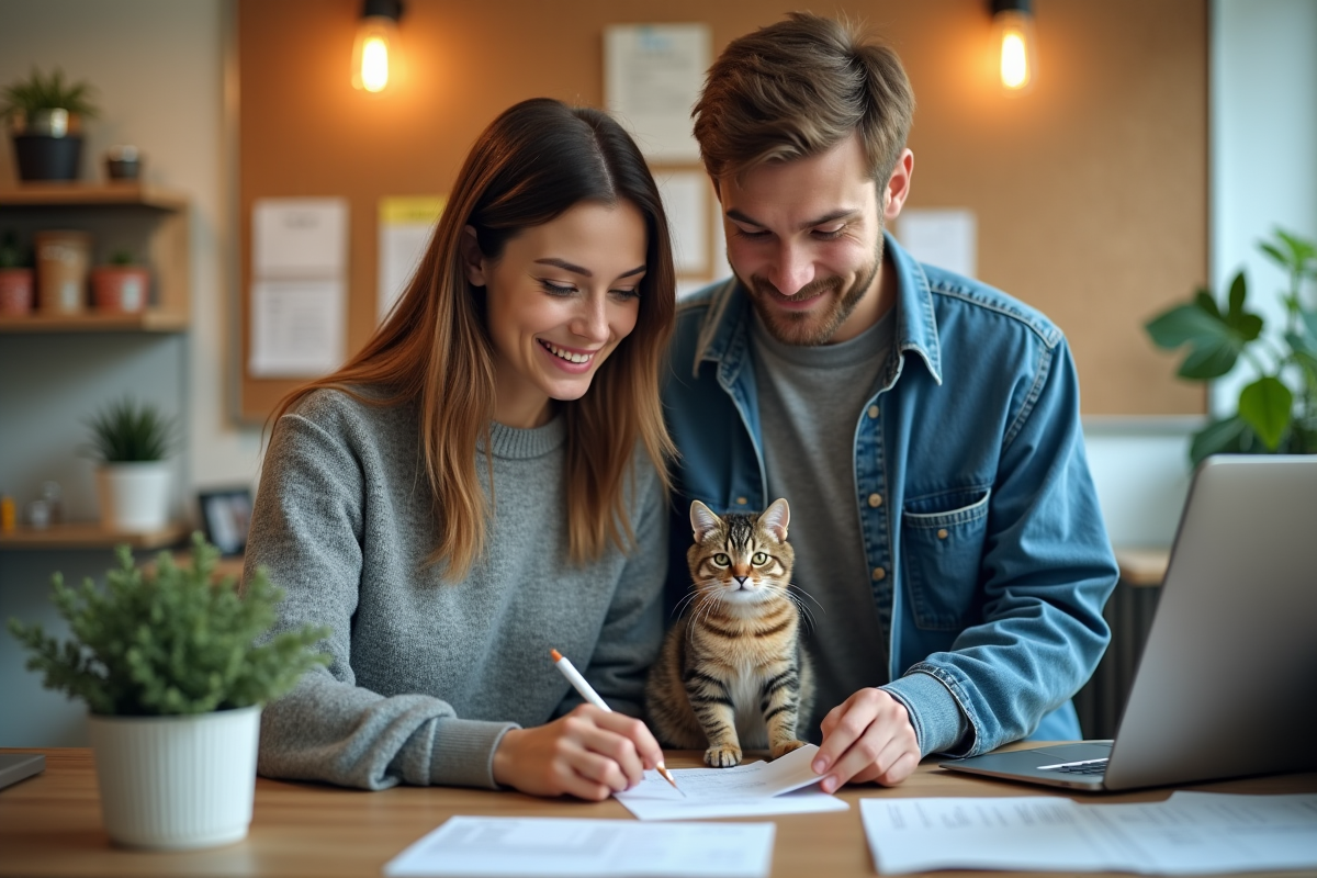 Couple avec chat en cage consulte à la reception de la clinique