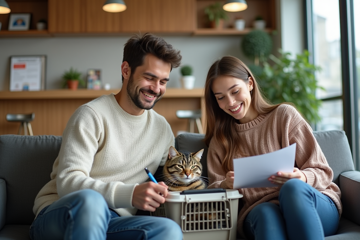 Jeune couple avec chat en salle d