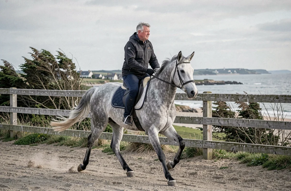Cavalier en trot étendu sur cheval gris dans l'arène de Courseulles Équitation avec la côte normande en arrière-plan